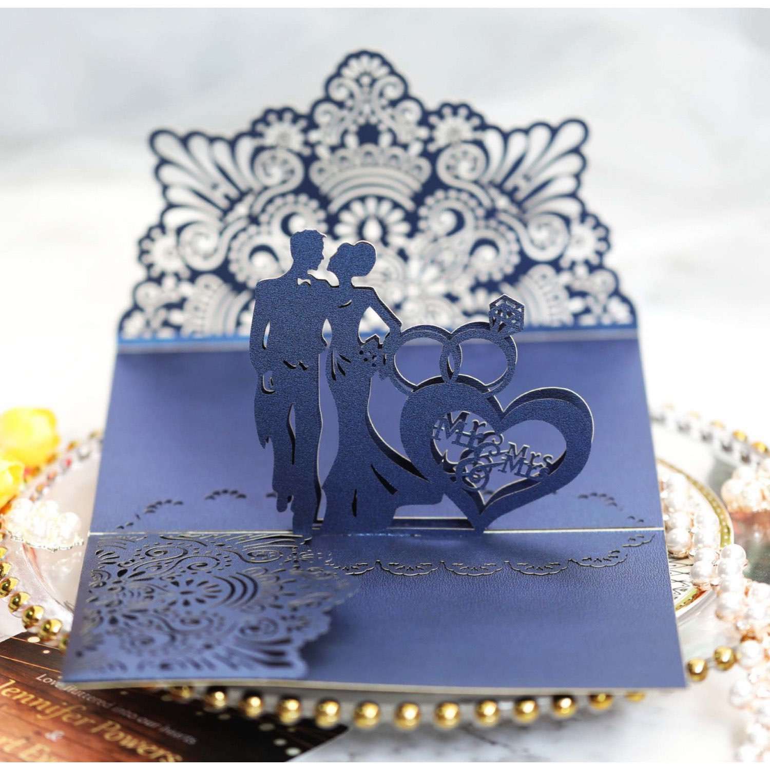 3D Wedding Invitation Card Laser Cut Paper Ivory Tint Color 